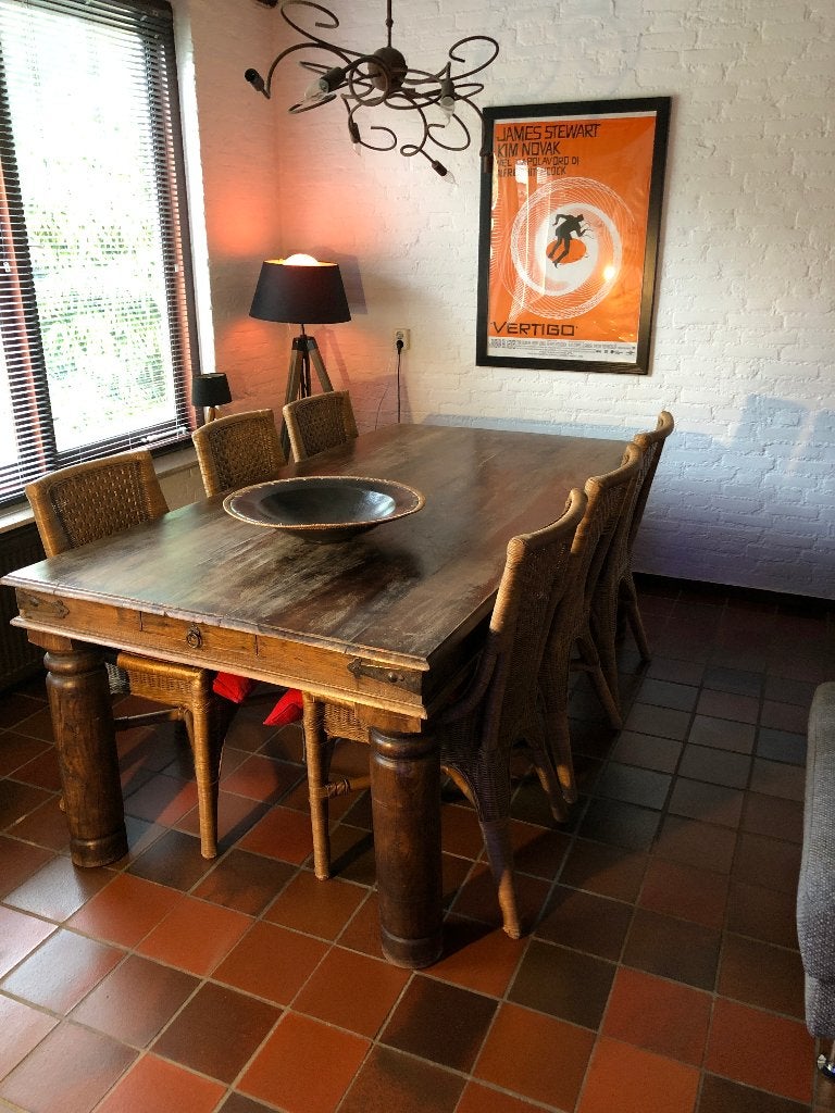 Robuuste koloniale eettafel eventueel incl. stoelen, Gebruikt, 100 tot 150 cm, Koloniaal, Teakhout