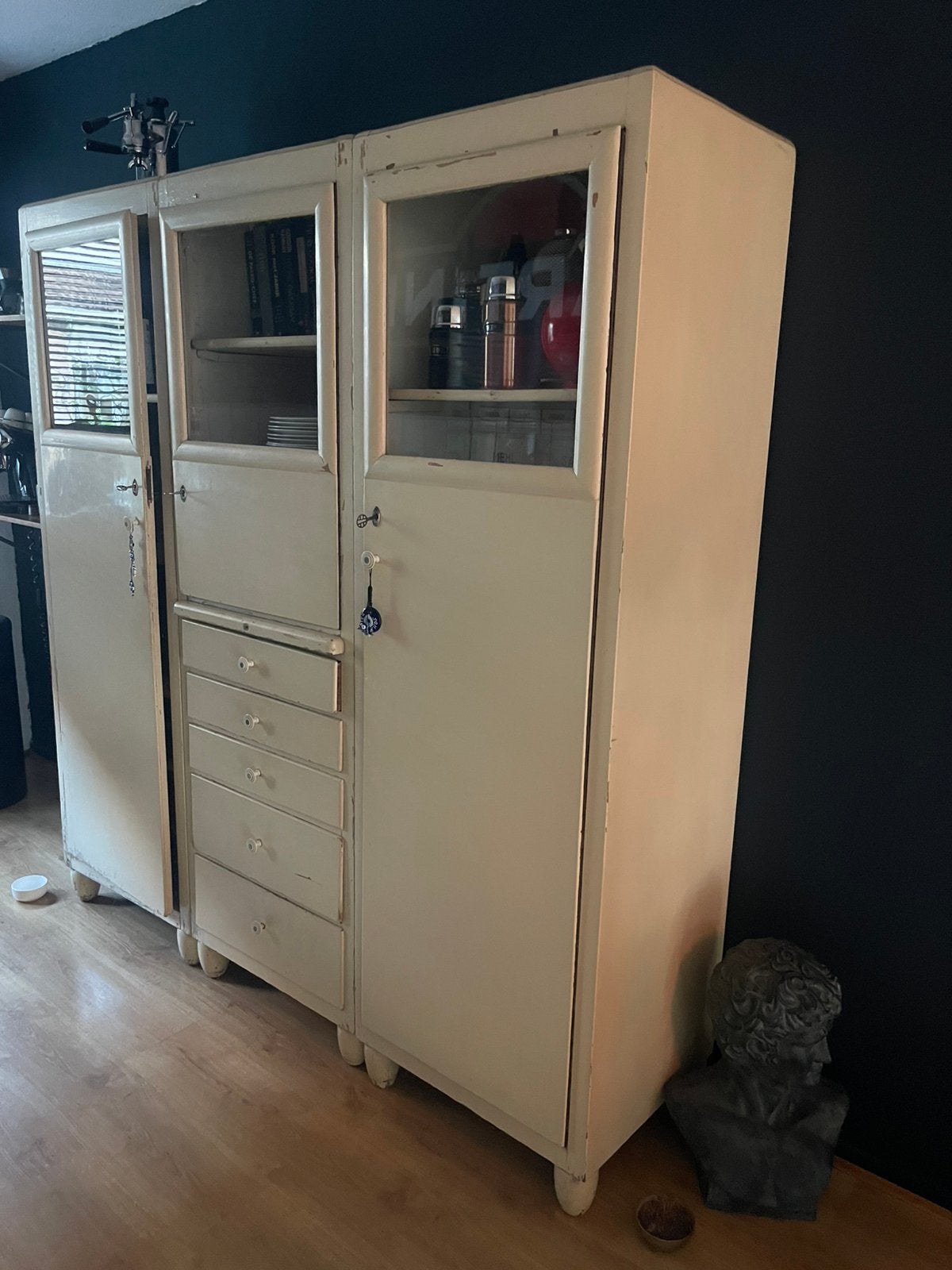 Unieke Set 3 Vintage Houten Dokterskasten (DDR, Jaren '50), Huis en Inrichting, Ophalen of Verzenden, Gebruikt