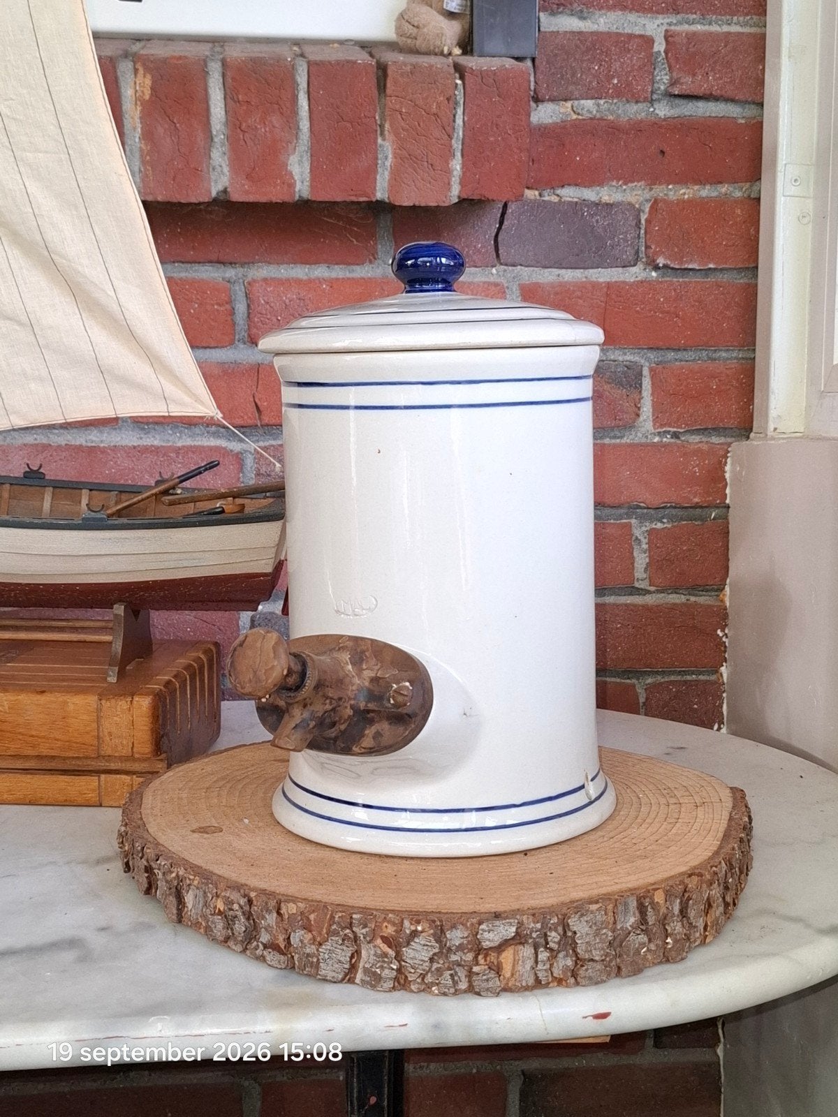Vintage Majonaise Pot met Kraantje - Wit met Blauwe Strepen, Ophalen