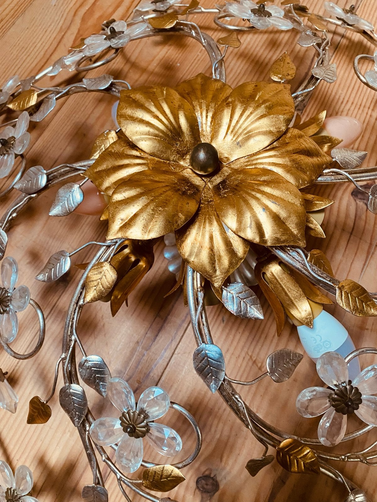 Vintage Plafondlamp met Bloemmotief - Goud en Zilver, Ophalen, Gebruikt, Vintage, Meerkleurig