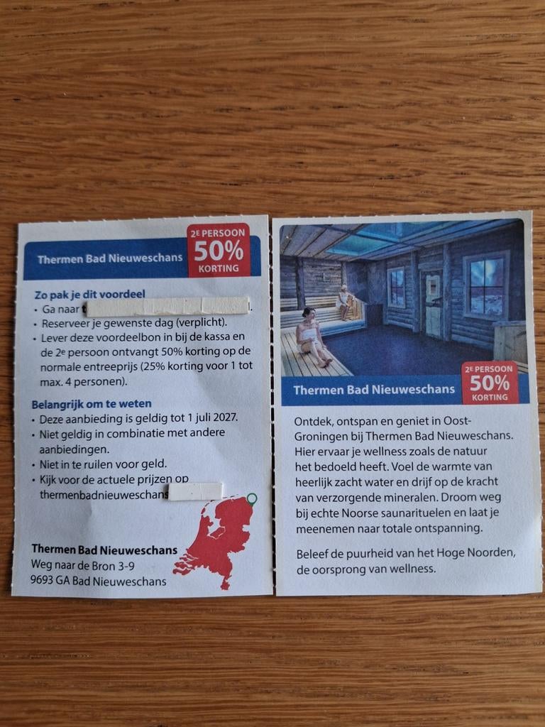 SAUNA THERMEN BAD NIEUWESCHANS 2E PERSOON 50% KORTING!, Twee personen, Kortingsbon, Spa of Sauna