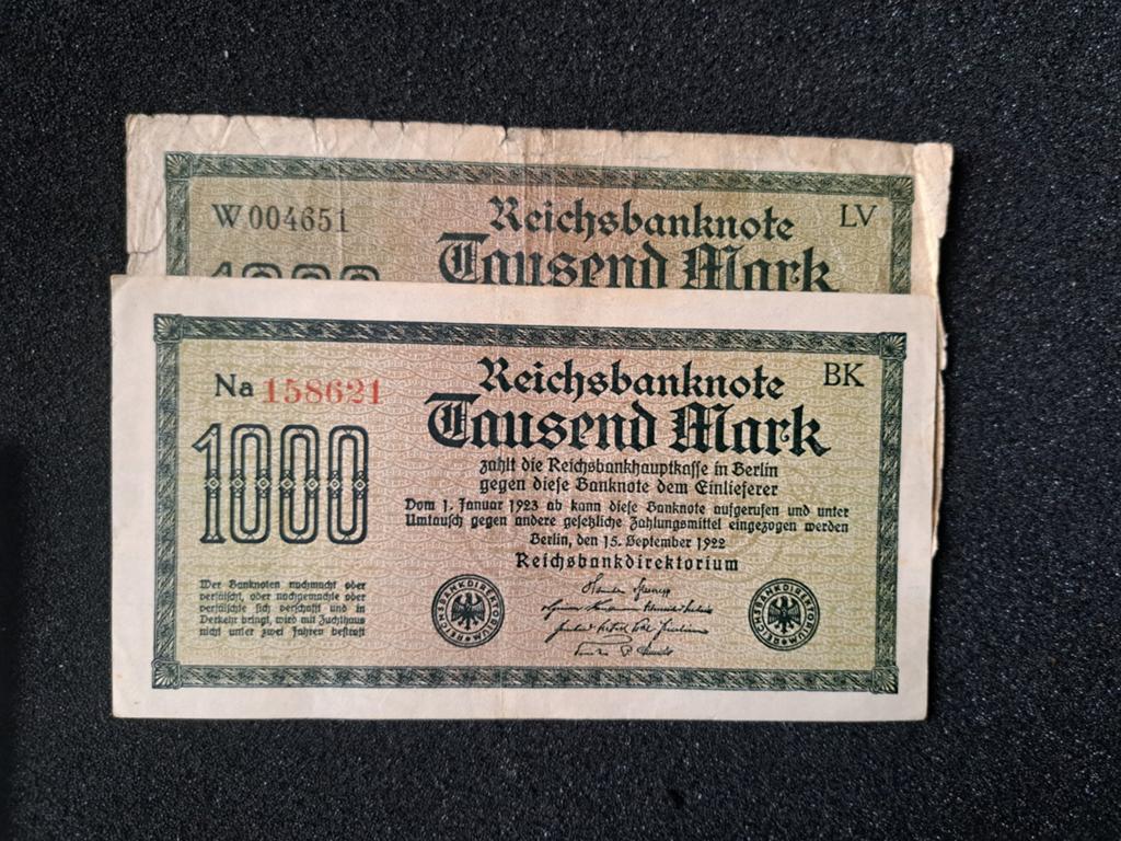 Duitse Reichsbanknote 1000 Mark 1922 (2 biljetten), Postzegels en Munten, Bankbiljetten | Europa | Eurobiljetten, Ophalen of Verzenden
