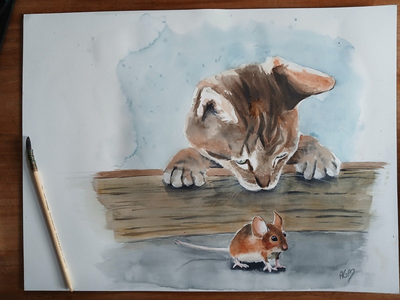 aquarel kat en muis, Antiek en Kunst, Ophalen of Verzenden
