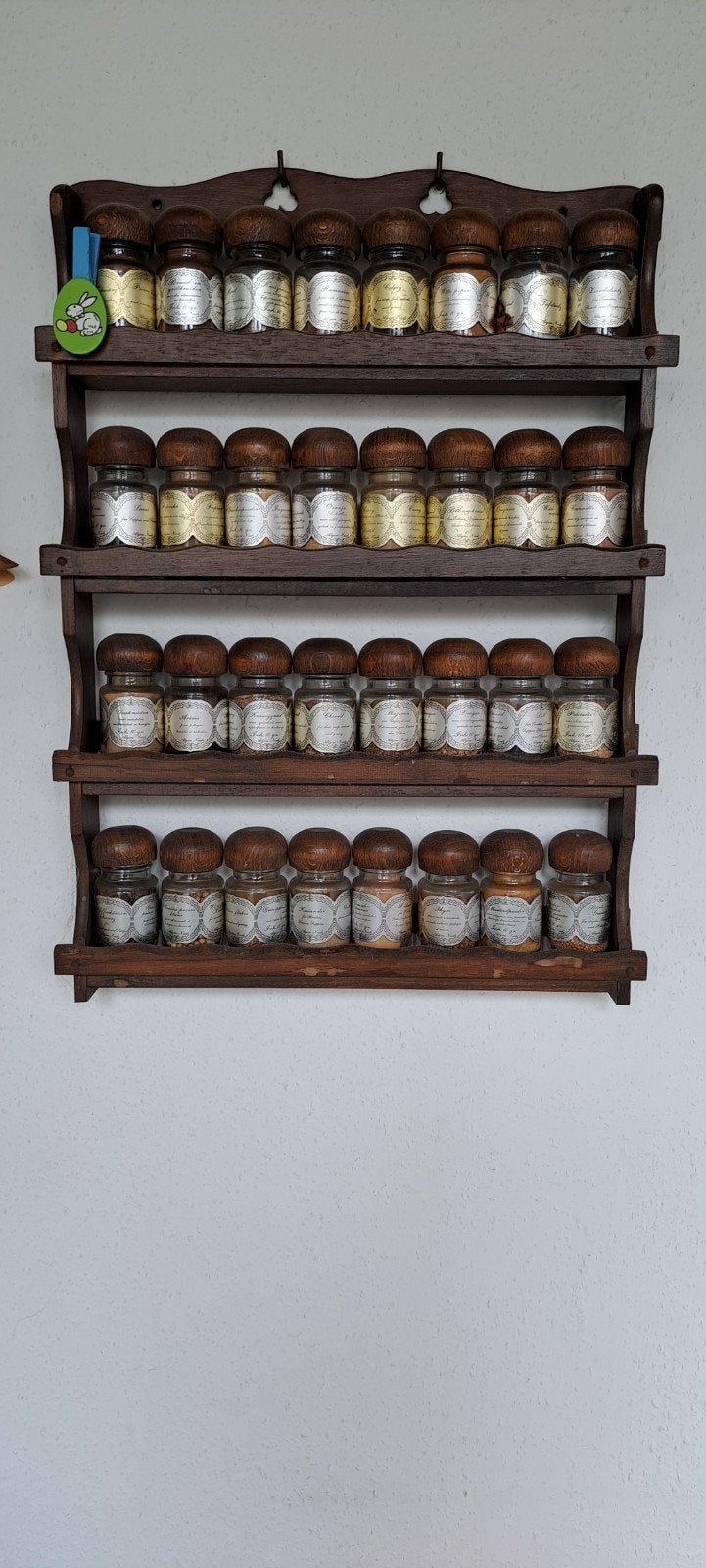 Vintage kruidenrek met 36 glazen potjes, Ophalen, Hout, Overige typen, Gebruikt