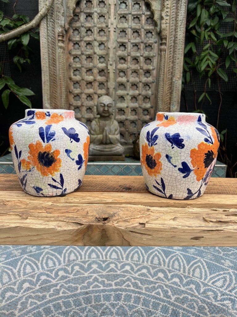 Aardewerk craquelé pot bloemen Blauw, Tuin en Terras, Bloempotten, Verburgt Vintage, Ophalen of Verzenden, https://verburgtvintage.nl/#contact