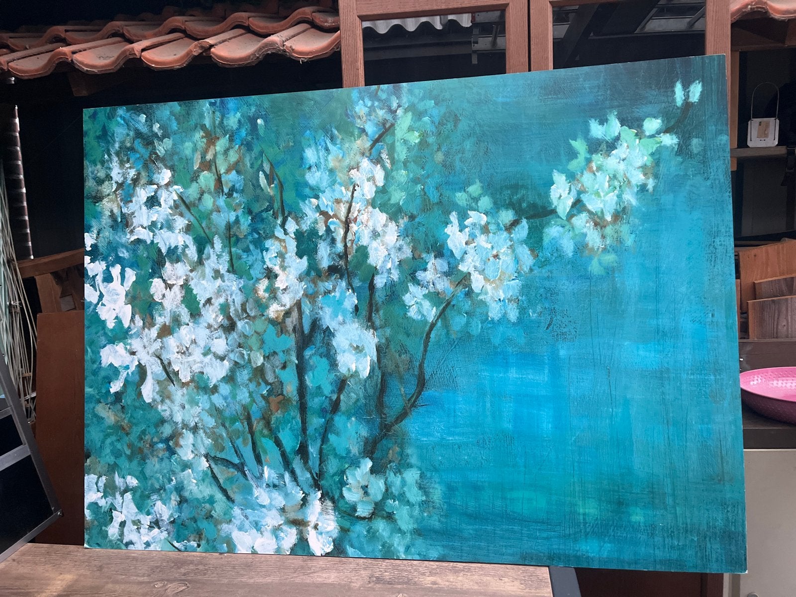 Schilderij met bloesem in blauw-groene tinten, Ophalen