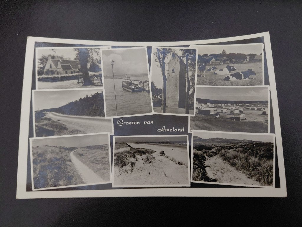 Nes, Ameland, 9 luik, glans fotokaart, gelopen, 1958, Verzenden, 1940 tot 1960, Gelopen, Waddeneilanden