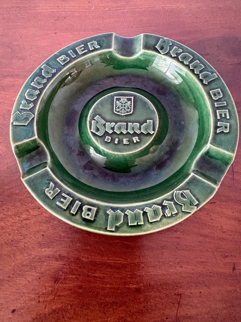 Vintage groene keramieken asbak van Brand bier. Jaren ’70, Ophalen of Verzenden, Zo goed als nieuw, Asbak