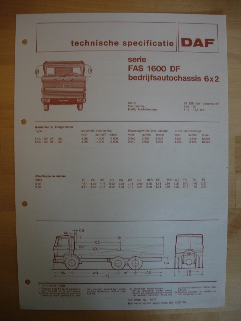 DAF FAS 1600 DF Technische Specificatie folder 1975 – 6x2, Ophalen of Verzenden, Zo goed als nieuw, Overige merken, DAF