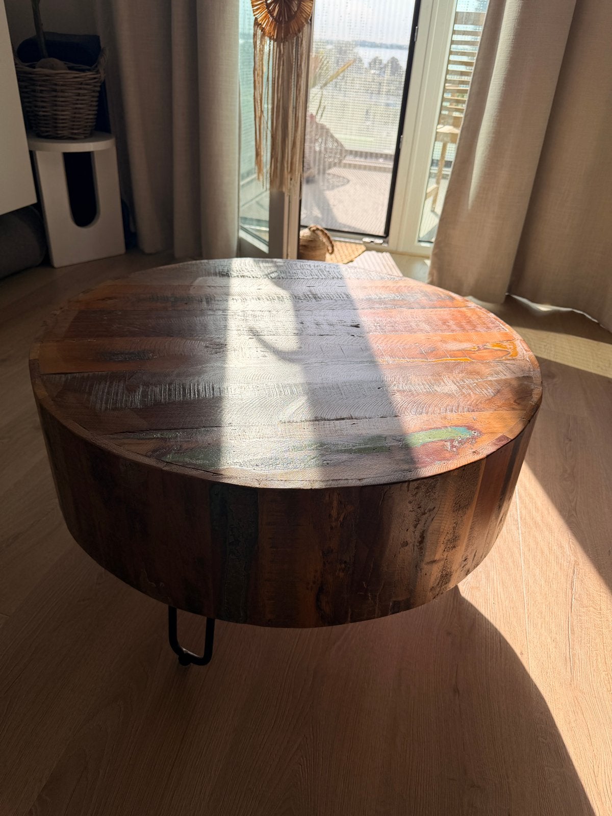 Salontafel rond bruin houten eiken, Ophalen, Zo goed als nieuw, Rond, 50 tot 100 cm