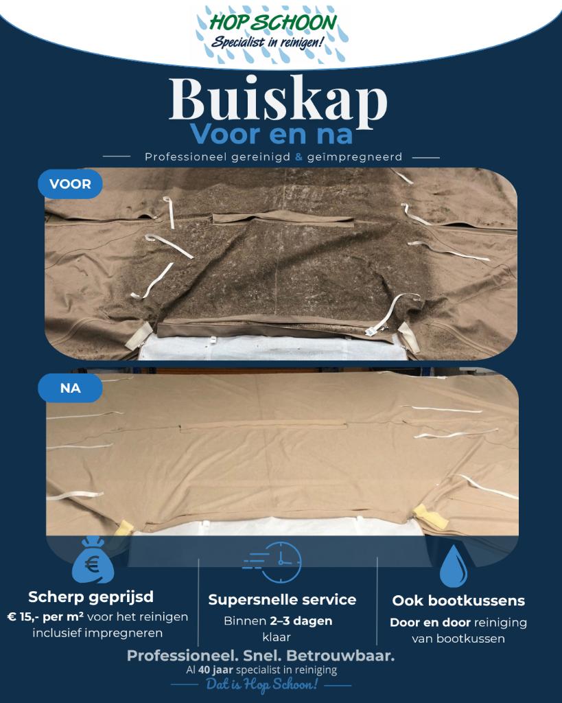 Buiskap, afdekzeil, biminitop,bootkap reinigen + impregneren, Watersport en Boten, Ophalen, Zo goed als nieuw, Interieur en Kussens