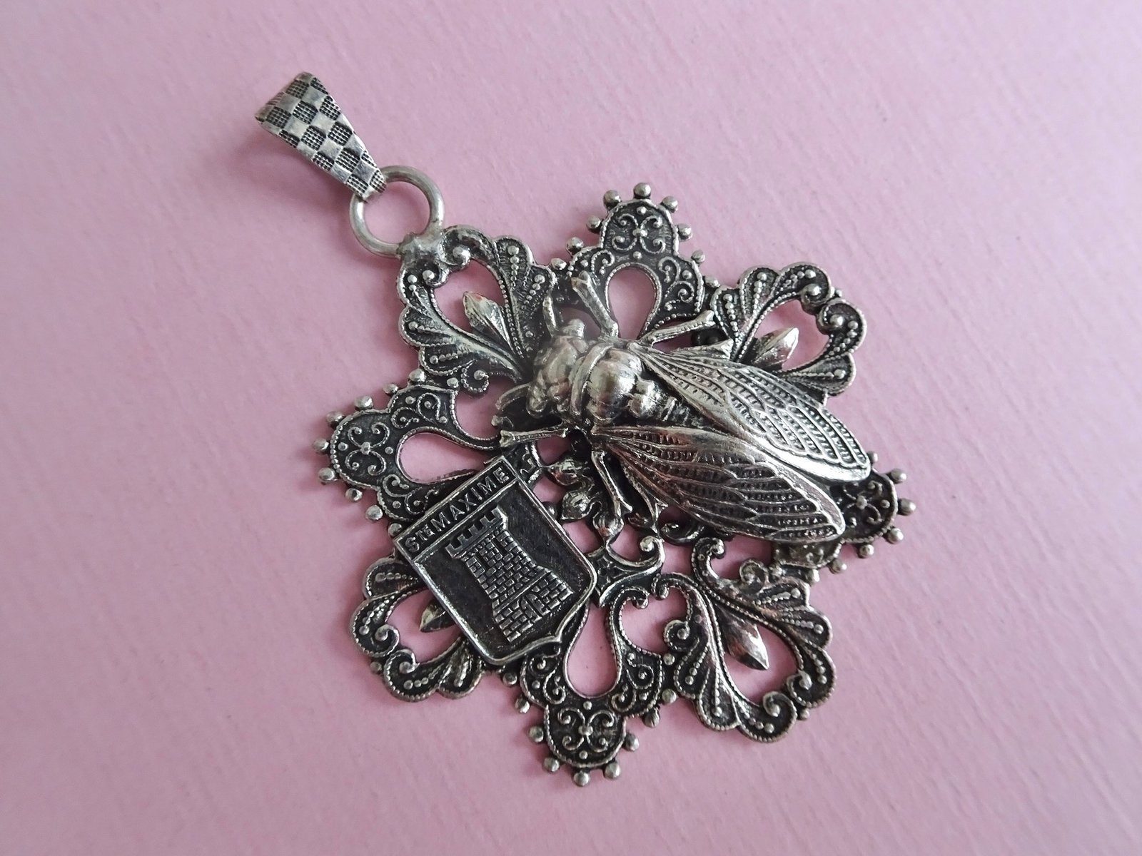 jwg Vintage 60s Art Deco stl cicade ketting hanger zilver kl, Verzenden, Overige materialen, Hanger