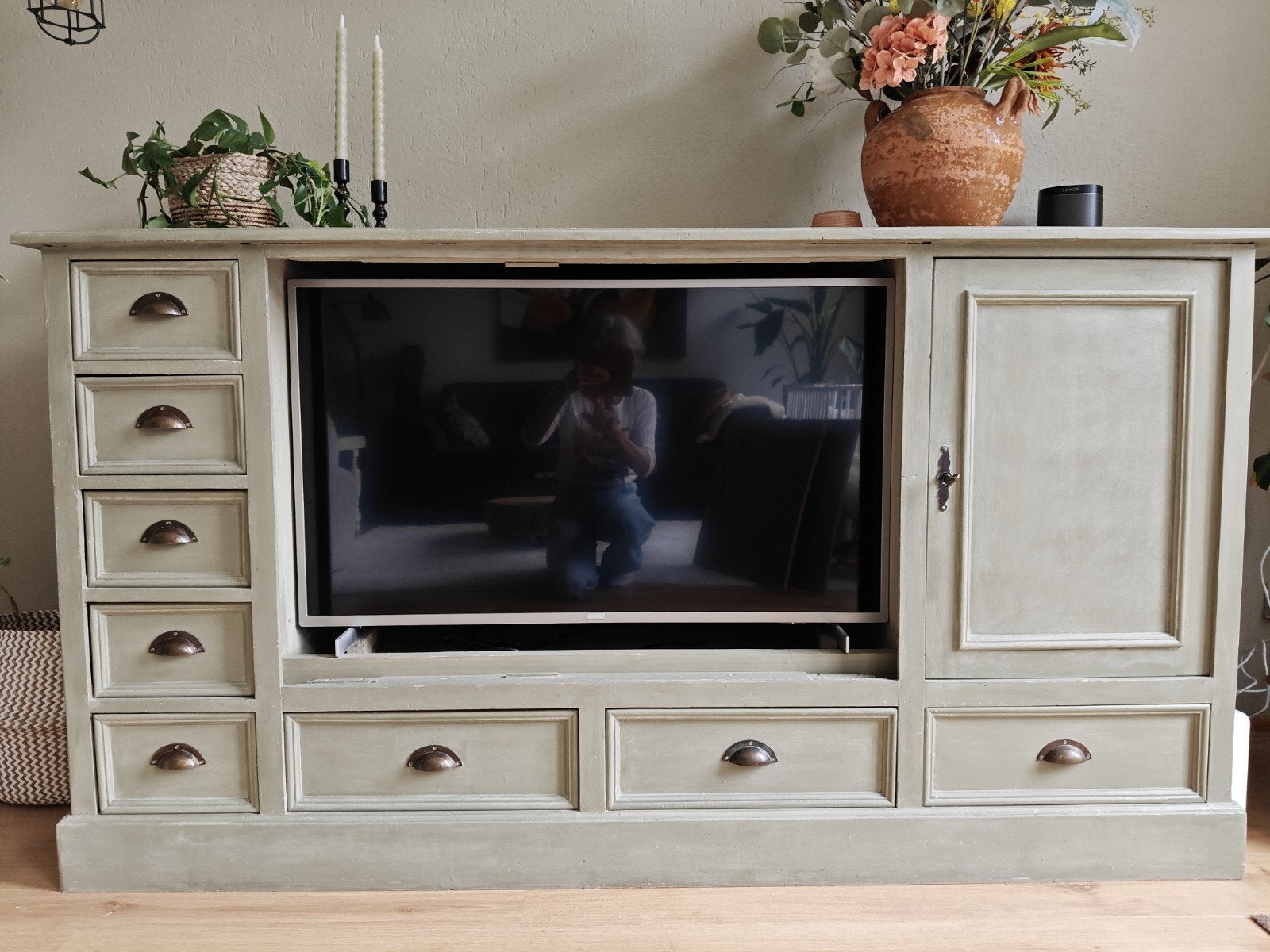 Massief oud grenen (tv) dressoir b.1.85, d.62, h.1.00, Ophalen, Gebruikt, 50 tot 75 cm, Minder dan 100 cm