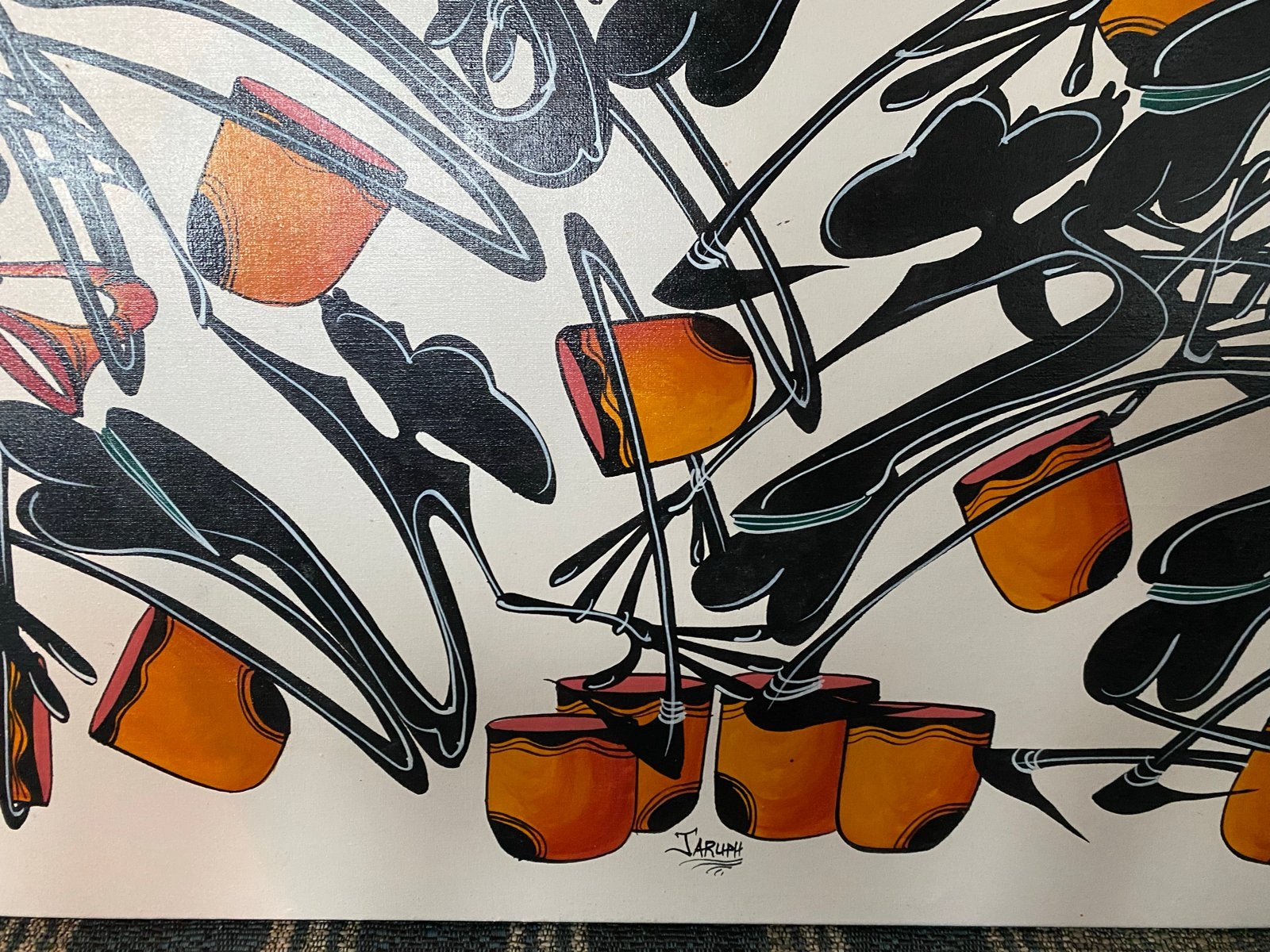 Jaruph Kibira schilderij, zwart-wit, muziekanten, Tanzania, Antiek en Kunst, Ophalen