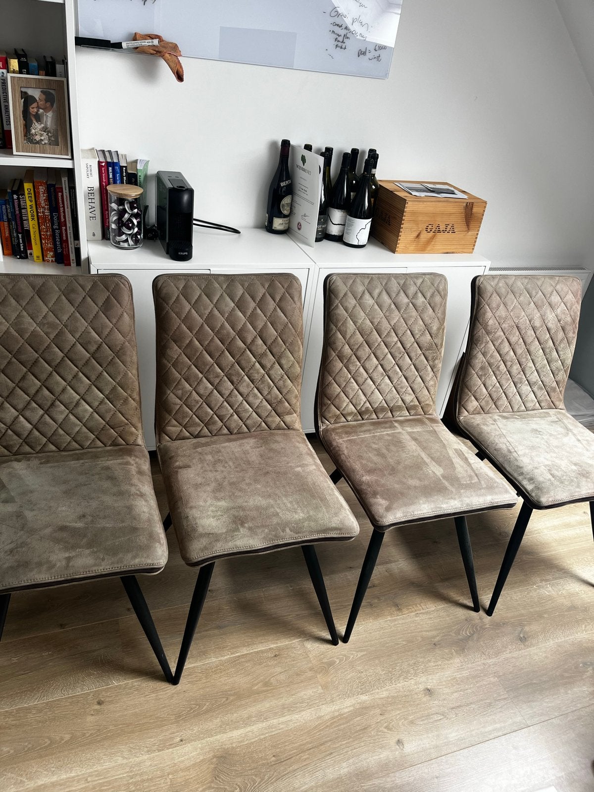 Set van 4 gestoffeerde eetkamerstoelen, olive groen, Gebruikt, Overige kleuren, Ophalen of Verzenden, Vier
