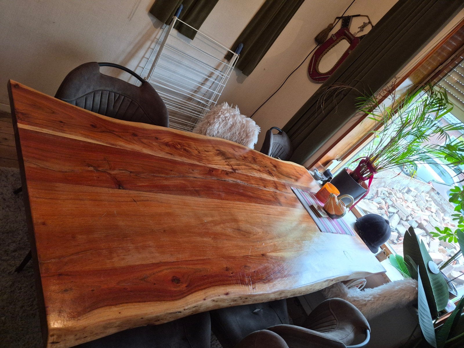 Massief acacia houten eettafel met boomstamrand, Gebruikt, 100 tot 150 cm, Industrieel, robuust, landelijk, 200 cm of meer