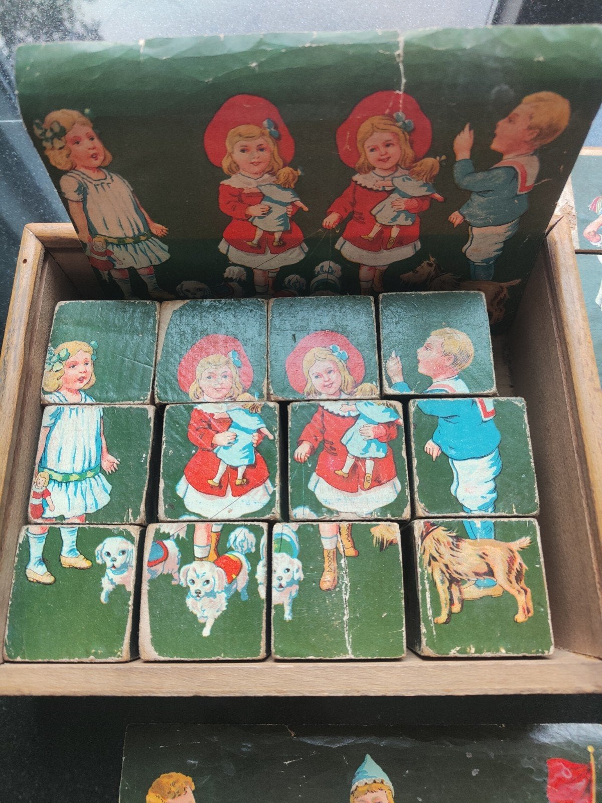 antieke puzzel blokken doos met 6 nostalgische voorbeelden, Antiek en Kunst, Ophalen of Verzenden