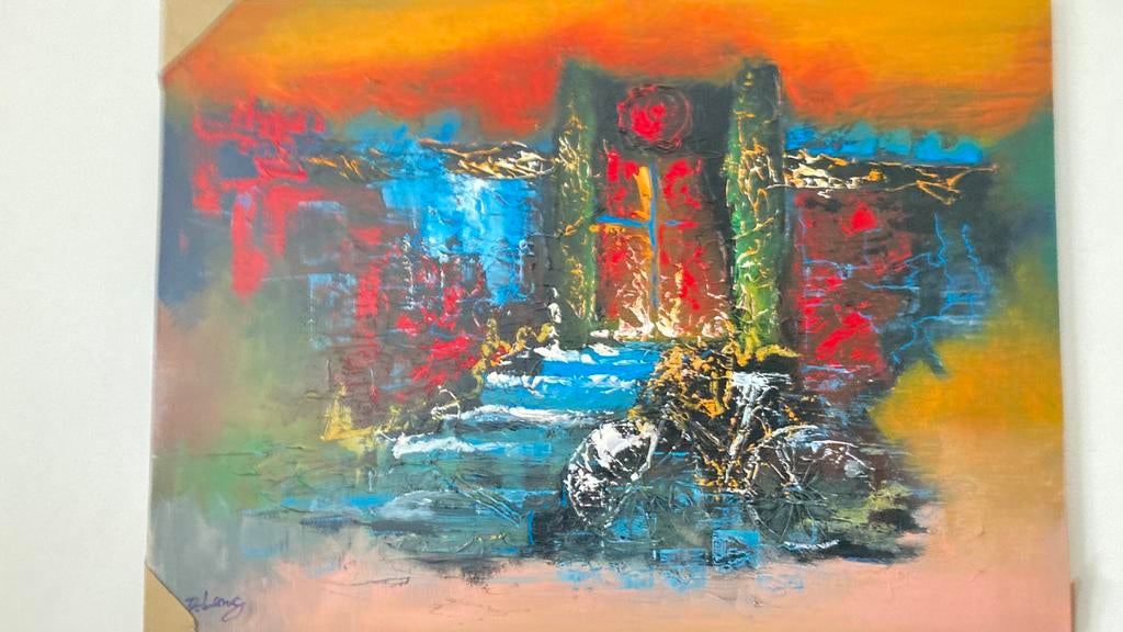 Handgeschilderd stadsgezicht Vietnam met fiets - Acryl, Antiek en Kunst, Ophalen of Verzenden