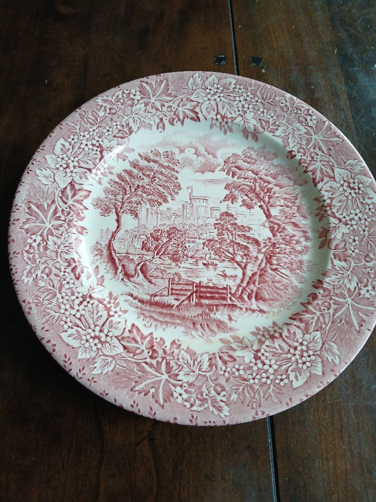Antiek rood-wit bord met kasteel en landschap, Ophalen of Verzenden