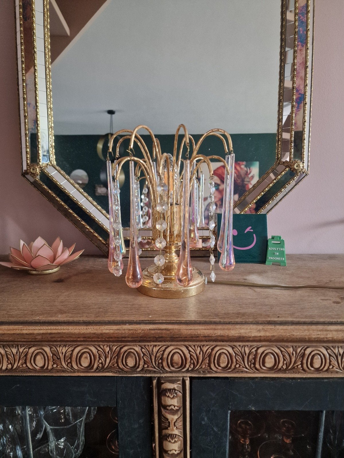 Vintage waterval lampjes roze pegels teardrop lamp tafellamp, Gebruikt, Vintage, 24 cm, Ophalen of Verzenden