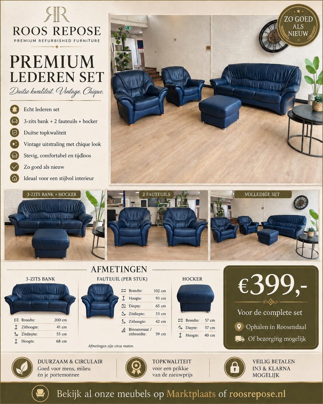 Luxe 3-zits bank echt leder + 2 fauteuils en hocker