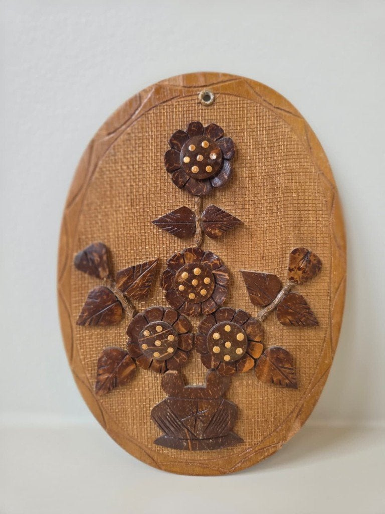 Vintage wanddecoratie hout met bloemen, 22 cm, Gebruikt, Wandhanger, Hout