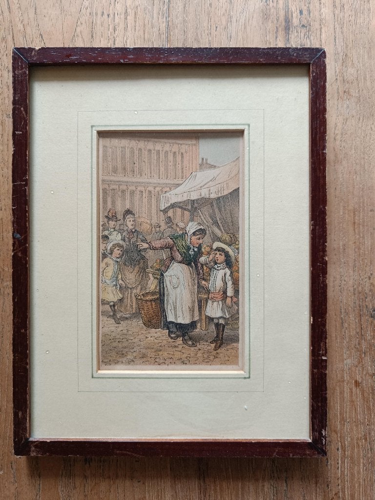 Oude kleurenlitho marktscène, marktvrouw en meisje, in lijst, Ingelijst, Ophalen of Verzenden, Portret en Figuren, Lithografie