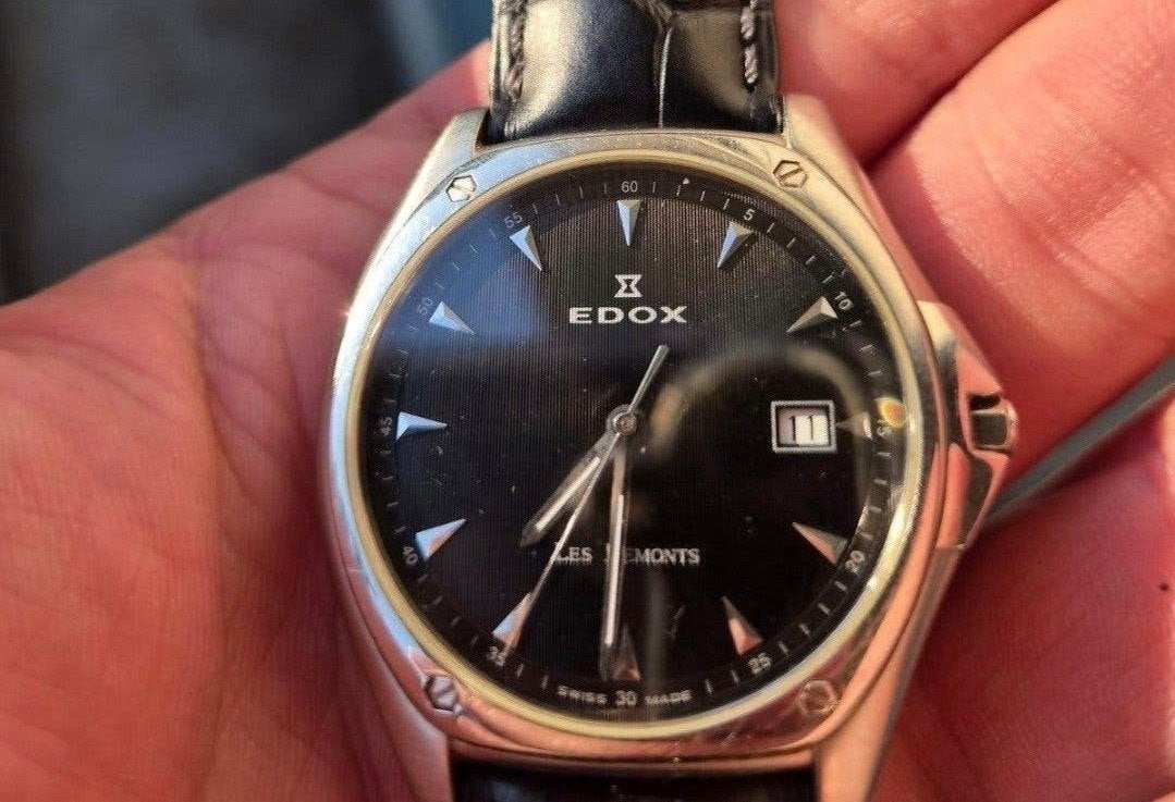 Edox Les Bemonts Ultra Slim Quartz Heren horloge, Leer, Staal, Polshorloge, Zo goed als nieuw