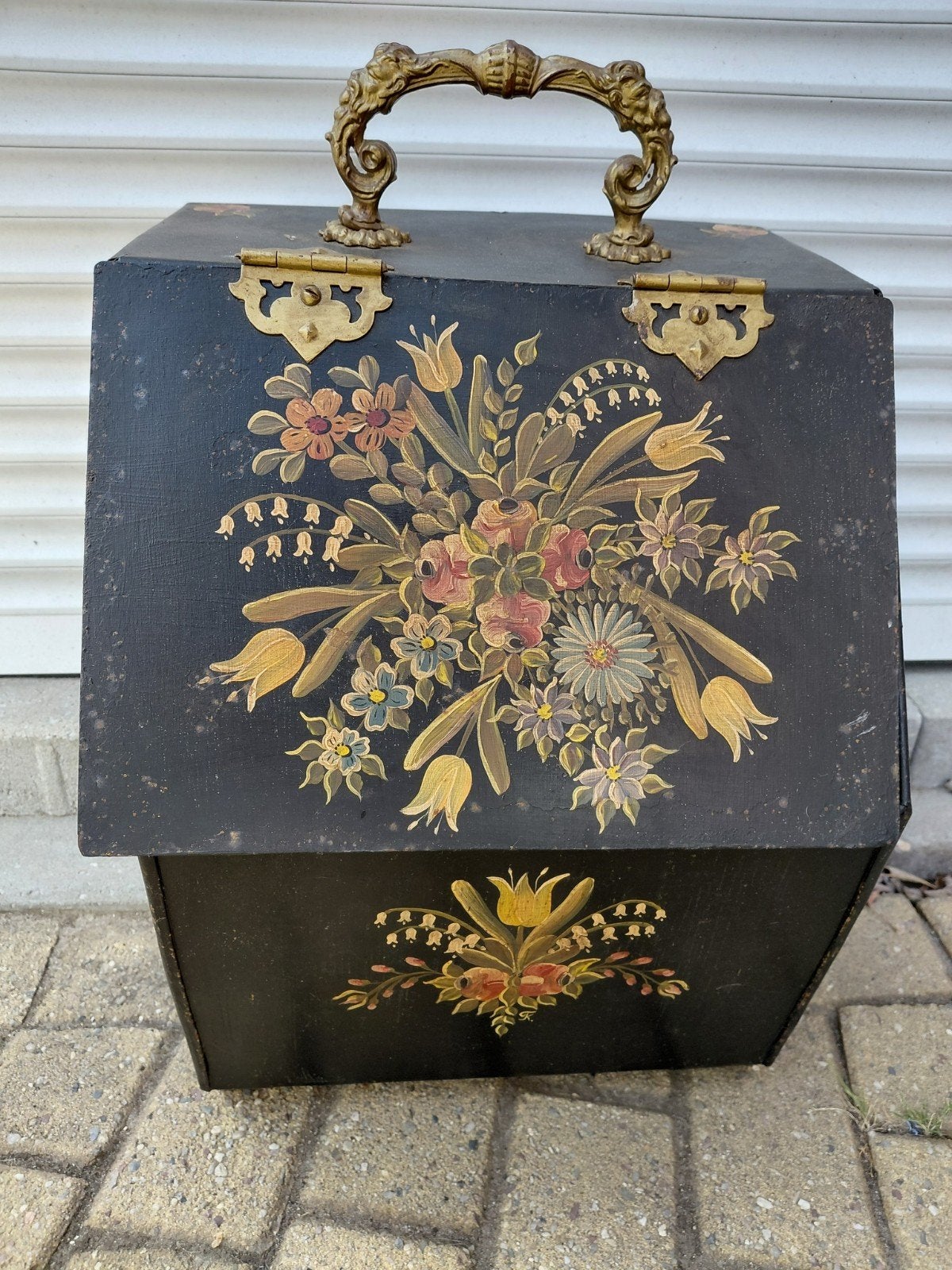 Antieke kolenkit met bloemmotief en messing handvat, Ophalen of Verzenden