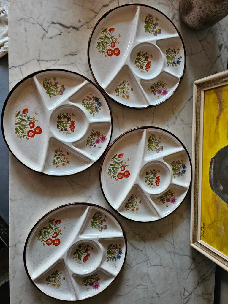 4 vintage serveerschalen (fondue) wild flower wilde bloemen, Huis en Inrichting, Keuken | Servies, Ophalen of Verzenden