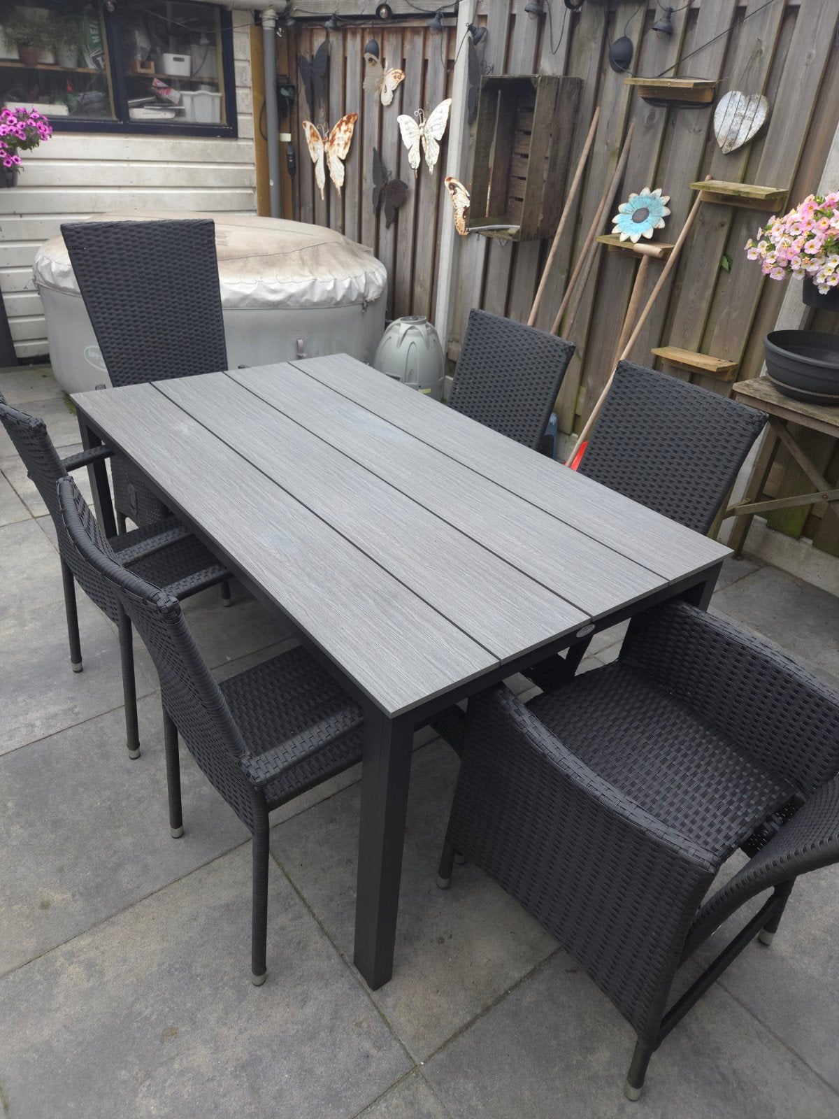 Complete tuinset met 6 stoelen en kussens, tafel 150x90 cm, Ophalen