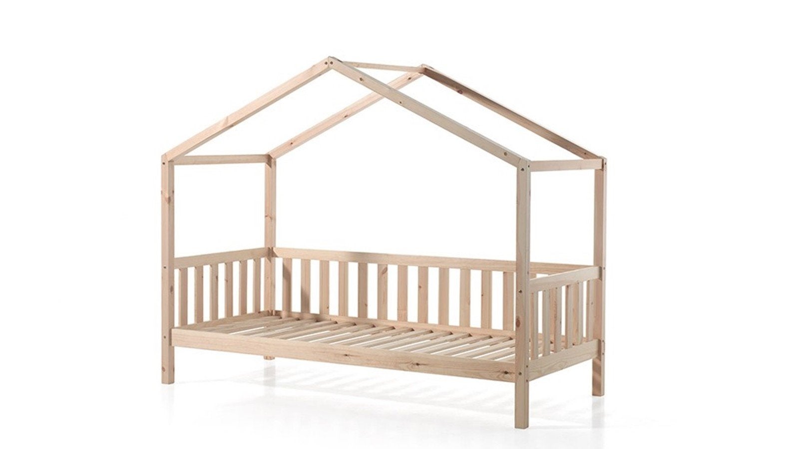 Houten kinderbed met huisframe - Natuurlijk grenen, Ophalen, 70 tot 85 cm, Zo goed als nieuw, Lattenbodem