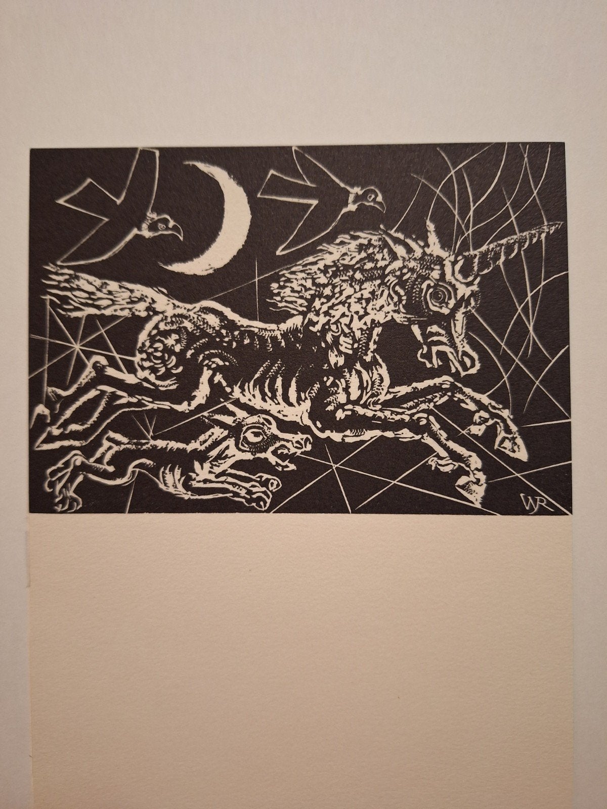 Houtsnede van W.J. Rozendaal - Eenhoorn met vogels, 1950 - 1999, Ophalen of Verzenden, Origineel, Houtsnede