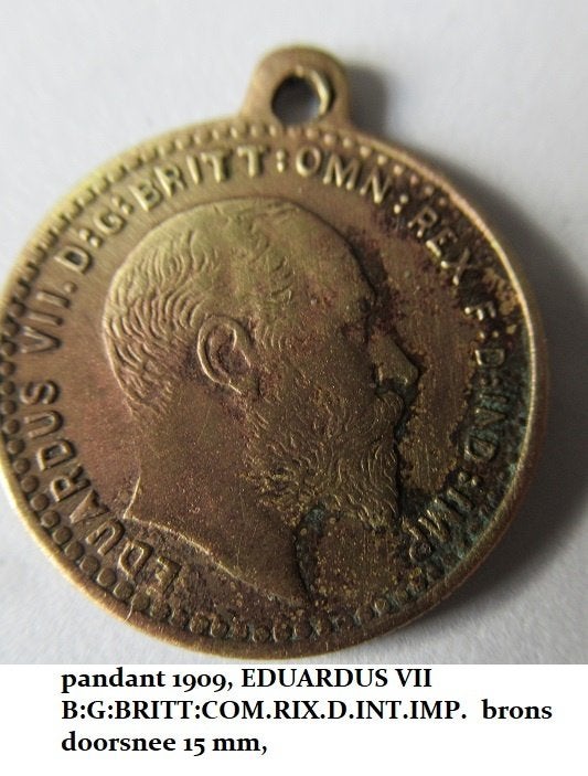 antieke bronzen pendant 1909, Eduardus VII, Ophalen of Verzenden, Brons, Hanger