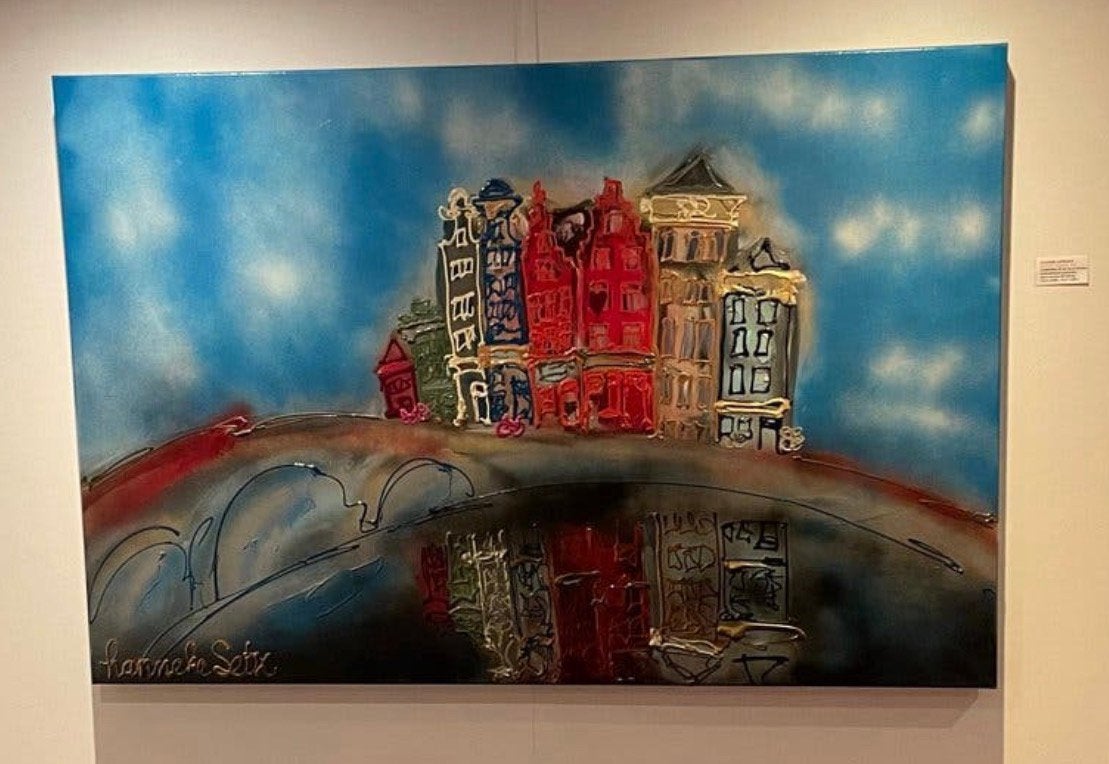 Hanneke Setz - Amsterdam 100-150 cm,VAN €.4.000,— NU €.950,—, Acrylverf, Handgeschilderd, Ophalen of Verzenden, Stadsgezicht