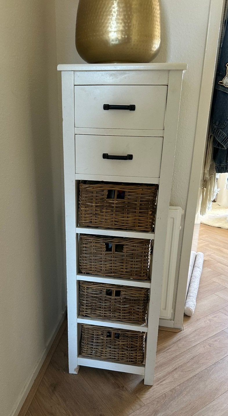Witte ladekast met rieten manden, Ophalen, 50 tot 100 cm, Zo goed als nieuw, 3 of 4 laden