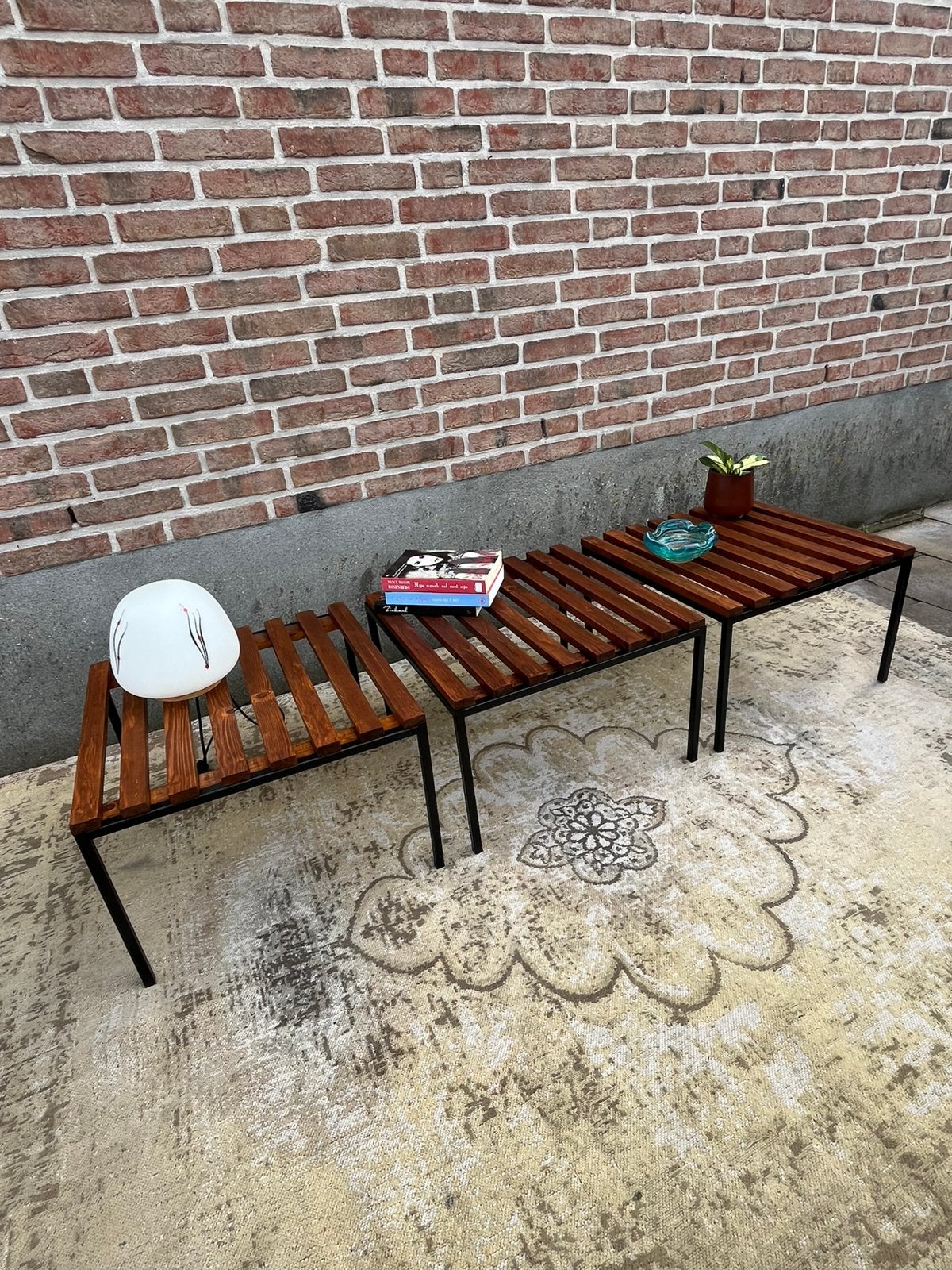 Set van 3 vintage mid century latten bankjes, Ophalen
