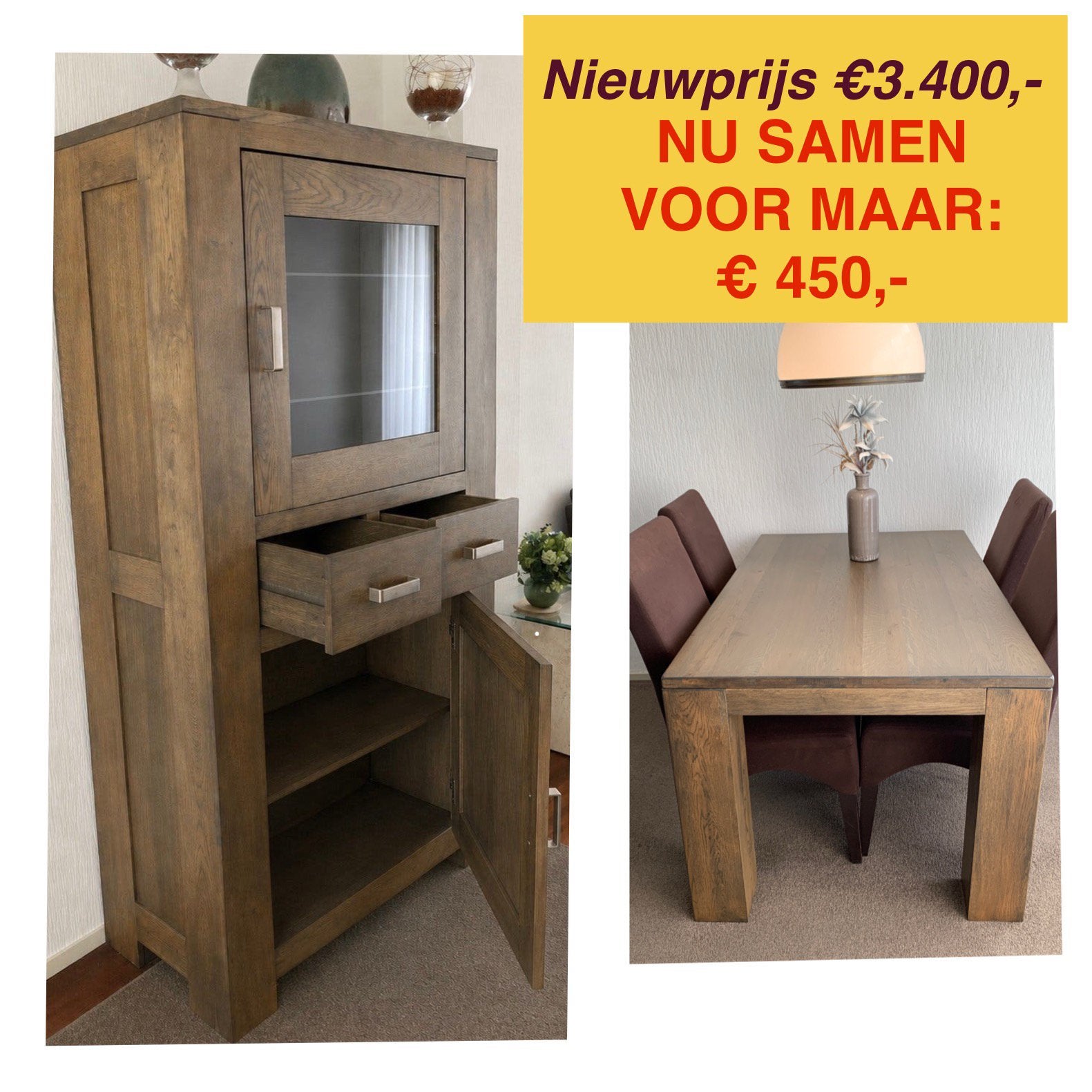 HENDERS & HAZEL Eettafel en Vitrinekast - massief eikenhout, Ophalen, 100 tot 150 cm, Eikenhout, 50 tot 100 cm
