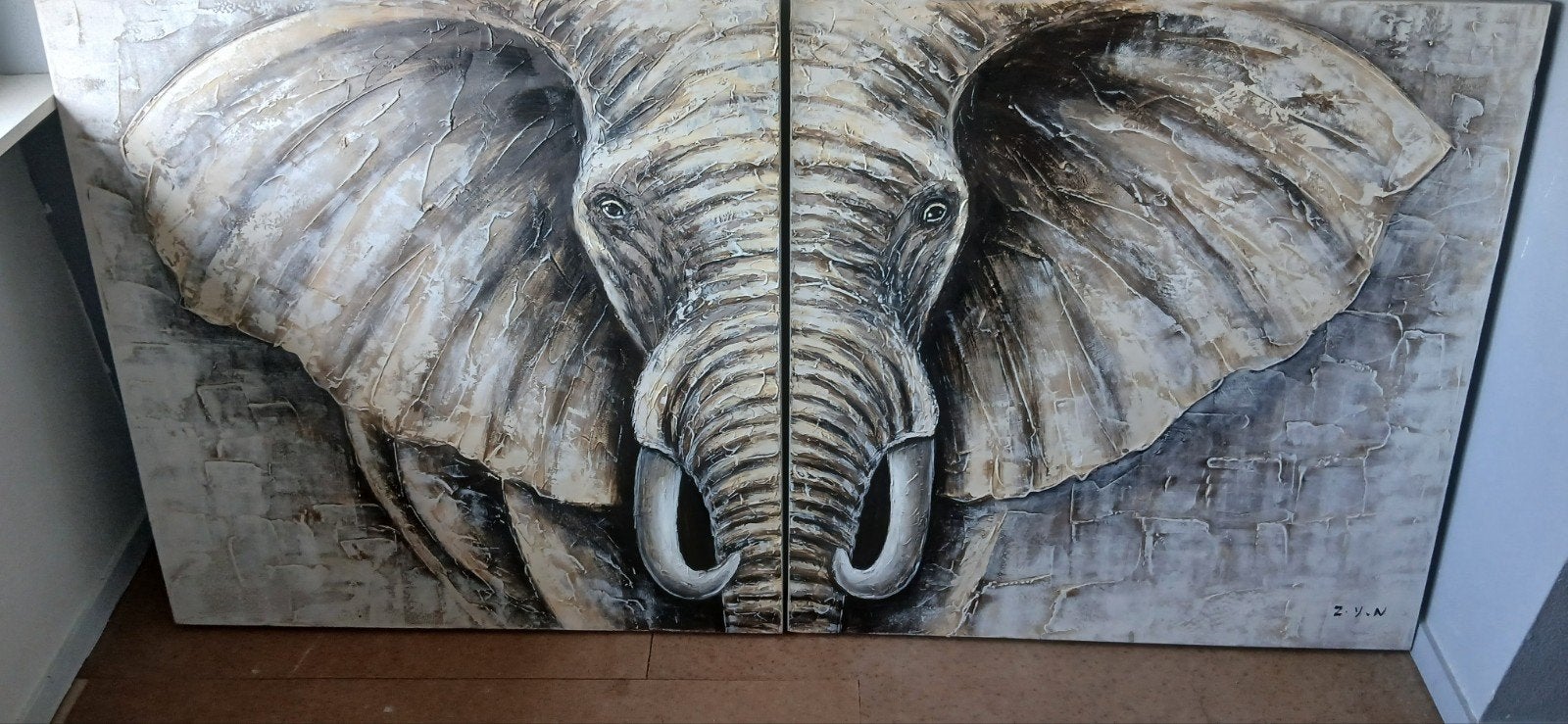 Prachtig 2-luik schilderij van een olifant (100x70 cm), Antiek en Kunst, Kunst | Schilderijen | Klassiek, Ophalen of Verzenden