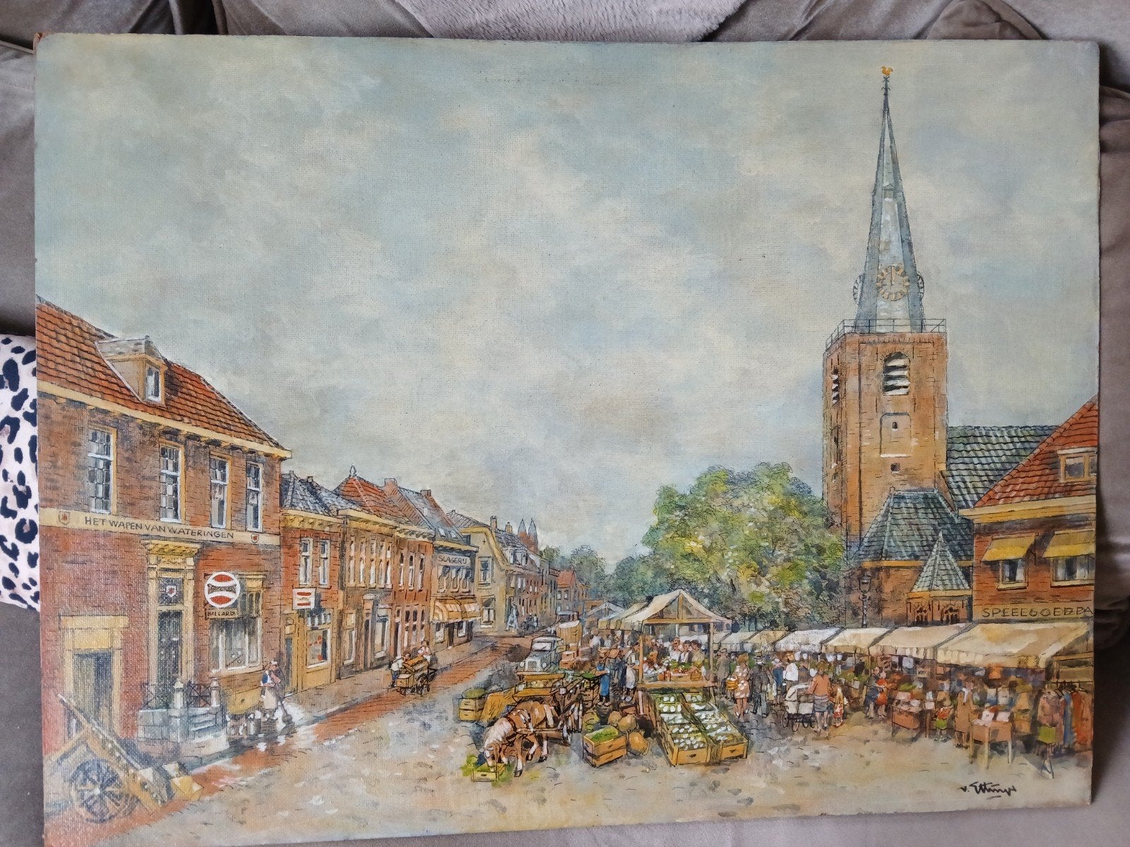 wateringse dorpskerk Olieverfschilderij: levendige markt met, Antiek en Kunst, Ophalen, Paneel, Realistisch, Olieverf