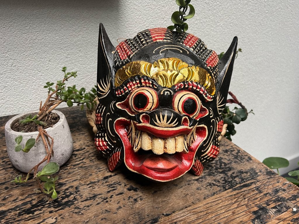 Barong masker houtsnijwerk Indonesie handbeschilderd vintage, Overige onderwerpen, Handgemaakt, 20 - 50 cm, Hout