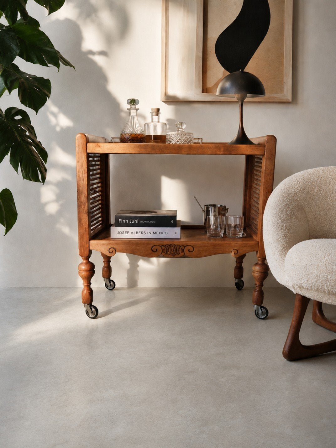 Antieke houten theewagen / serveerwagen met webbing, Ophalen