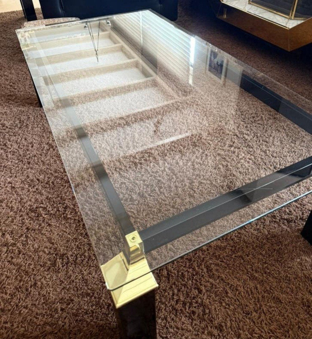 Tijdloze Salontafel Zwart Messing Frame Glazen Blad, Huis en Inrichting, Tafels | Salontafels, Gebruikt, 100 tot 150 cm, Glas