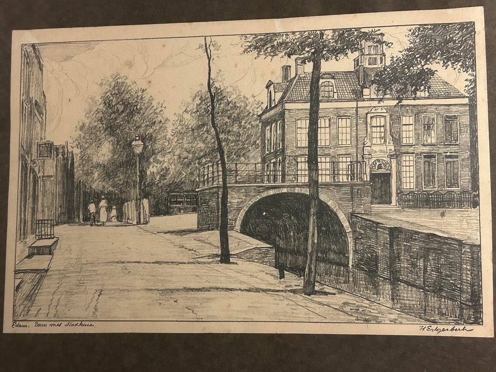 Pentekening van Dam en Stadhuis van Edam. H.Estgerbuh, Ophalen of Verzenden