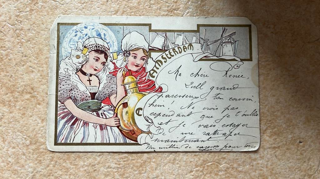 Amsterdam illustratie dames in klederdracht molens boten, Ophalen of Verzenden, Voor 1920, Gelopen, Overige thema's