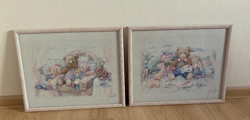 Set van 2 schilderijen teddyberen aquarel HxB 43x53cm, Ophalen, Zo goed als nieuw, Wanddecoratie
