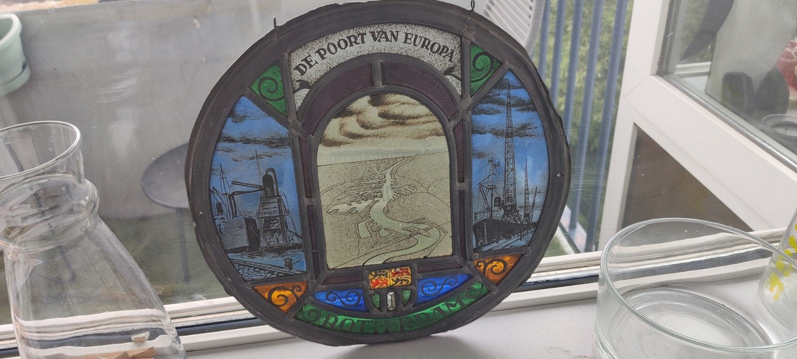 Vintage Glas-in-lood Raamhanger 'De Poort van Europa', Ophalen