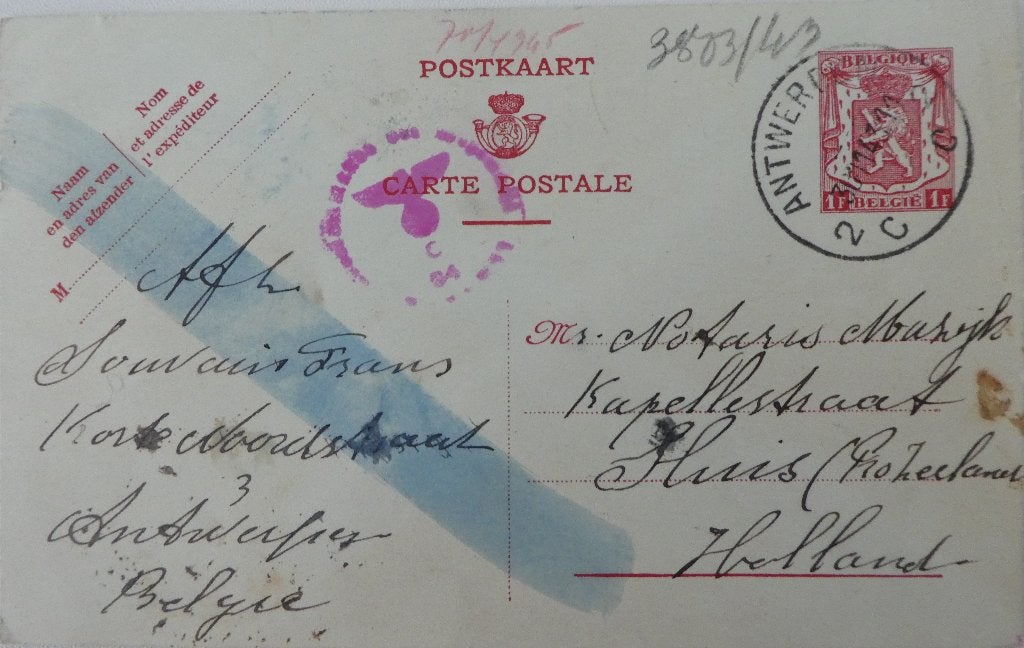 Briefkaart. 1943, Antwerpen – Sluis, gecensuurd, Ophalen of Verzenden, Briefkaart