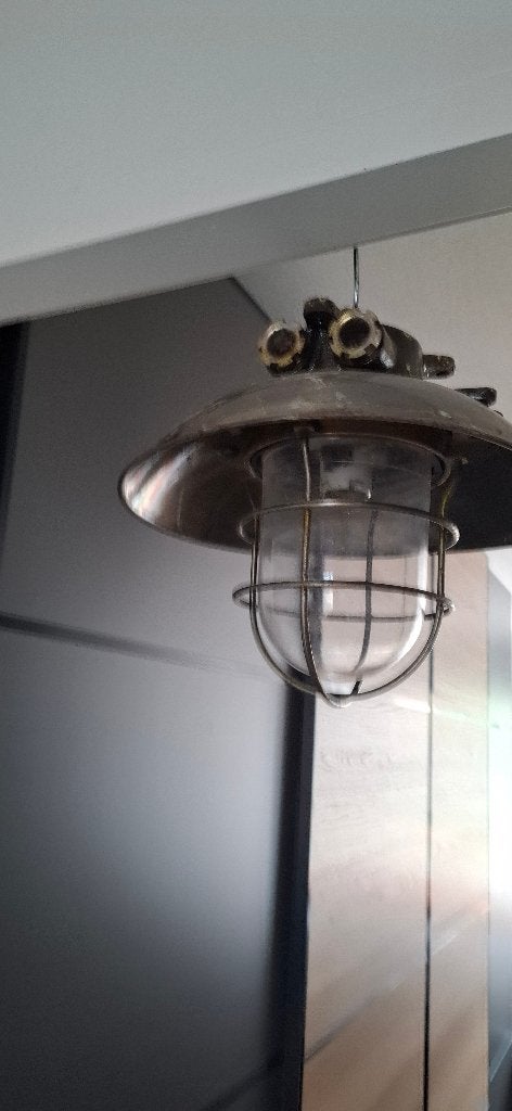 Vintage Marinelamp Hanglamp Messing, Schotelkap, Ex US Army, Ophalen of Verzenden