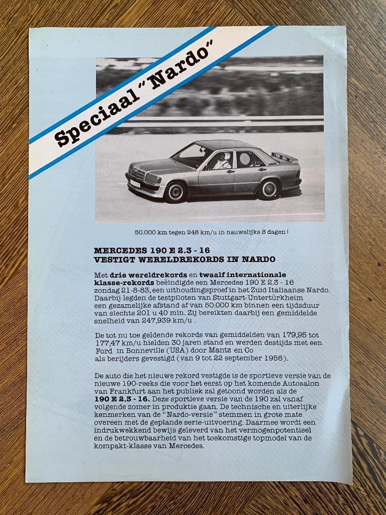 Flyer Mercedes-Benz 190E 2.3-16 W201 wereldrecord Nardo 1983, Zo goed als nieuw, Mercedes-Benz, Mercedes, Ophalen of Verzenden